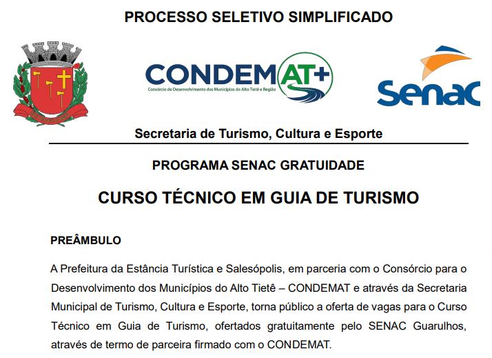 Processo Seletivo Simplificado - Curso Técnico em Guia de Turismo - Parceria SENAC e CONDEMAT